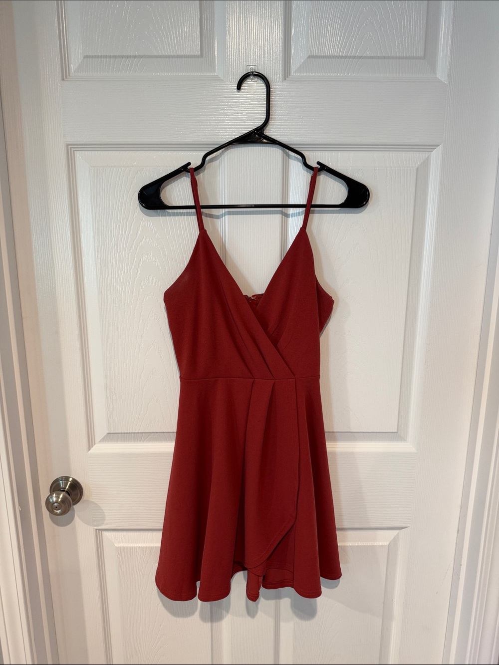 Trac Burnt Red Wrap-Front Spaghetti Strap Mini Dress